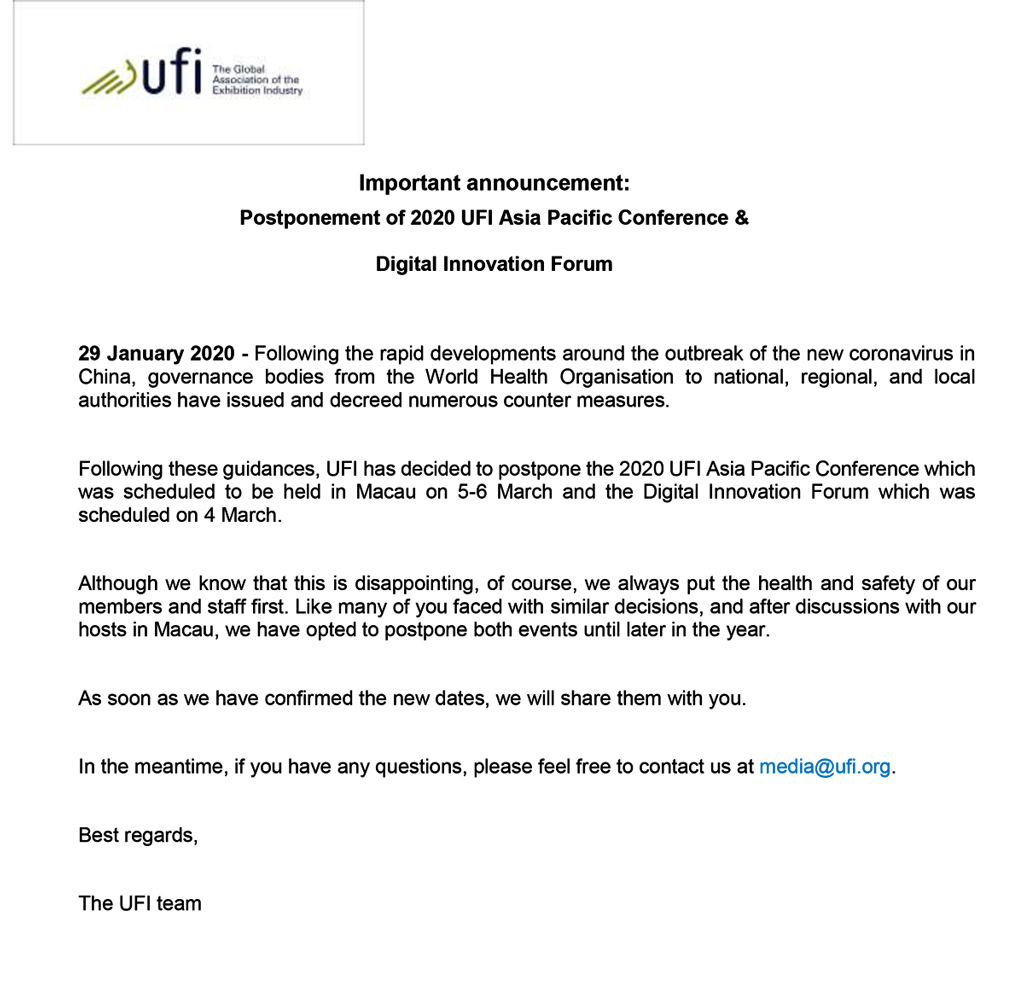 Important announcement: Postponement of 2020 UFI Asia Pacific Conference &amp; Digital Innovation Forum