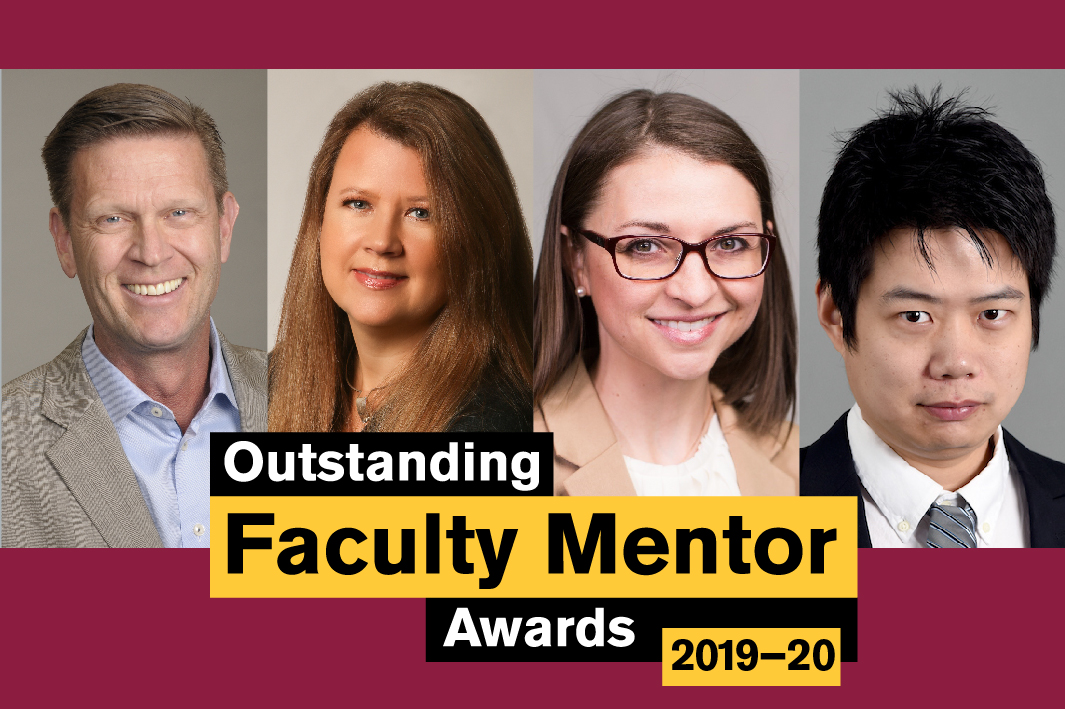 Outstanding Faculty Mentor Awards 2019-20. Four professor headshots, Yang Weng is the last professor on the right.