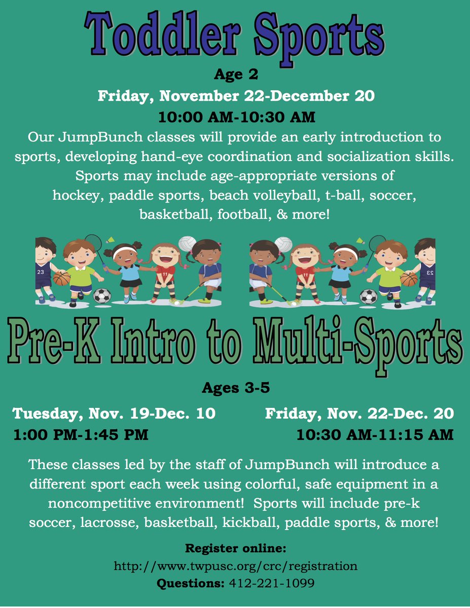 Upper_St_Clair's tweet photo. Introduce your little one to a variety of sports in a safe and fun setting! Toddler and Pre-K Sports classes at the Community & Recreation Center begin next week. Registration: https://t.co/LkJwXydbIL #UpperStClair #SouthHills #UpperStClairRecCenter #kidsactivities https://t.co/MUjKhzpwfU