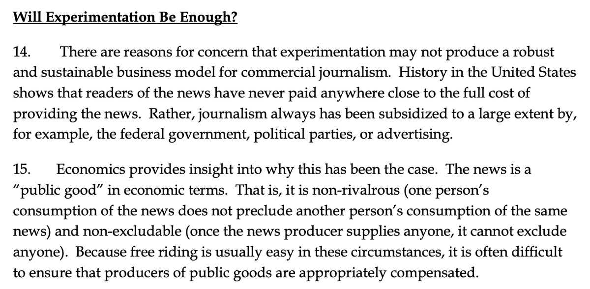 2/ The paper (rightly, in my view, as we have now seen over the past decade) concludes that while news organizations may do their best to innovate and find new business models, it will never be enough. We have to look for other sources of big dollars.