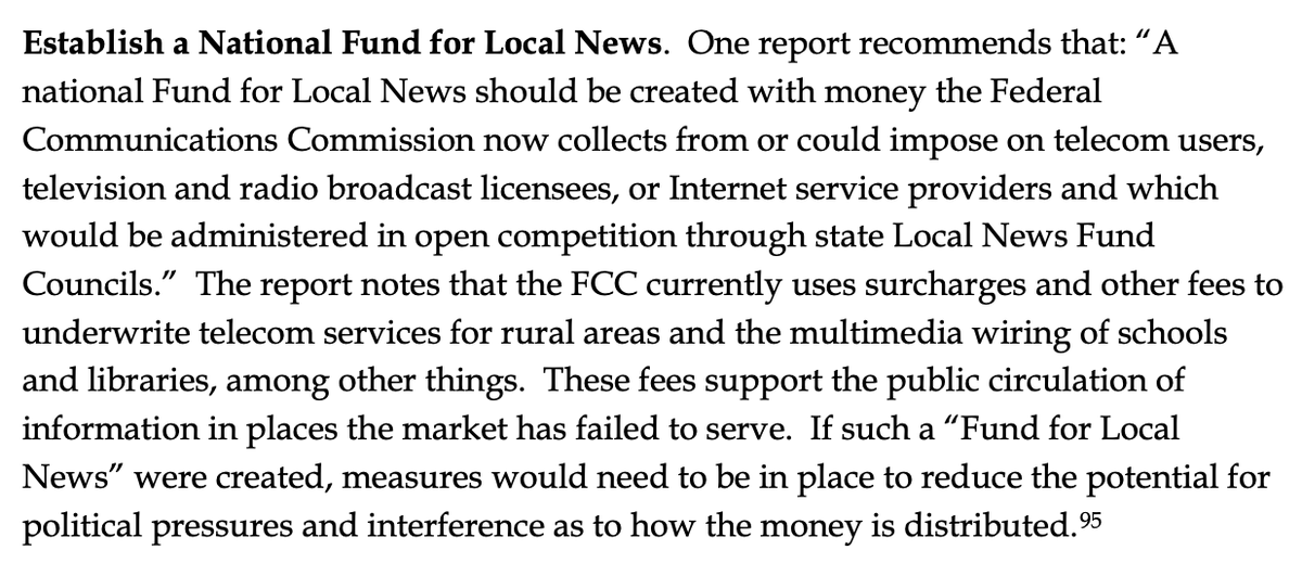 8/ The establishment of a national fund for local news, perhaps with a telecom tax or fee (would most Americans even notice a $1 per month fee on their phone bill, for instance?):