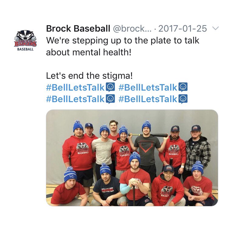 brockbaseball's tweet photo. Today is #BellLetsTalk Day. Bell will donate 5¢ toward mental health initiatives for every tweet/retweet.

Brock Baseball has been a proud supporter of #BellLetsTalk since 2013. https://t.co/V78tqiyfa2