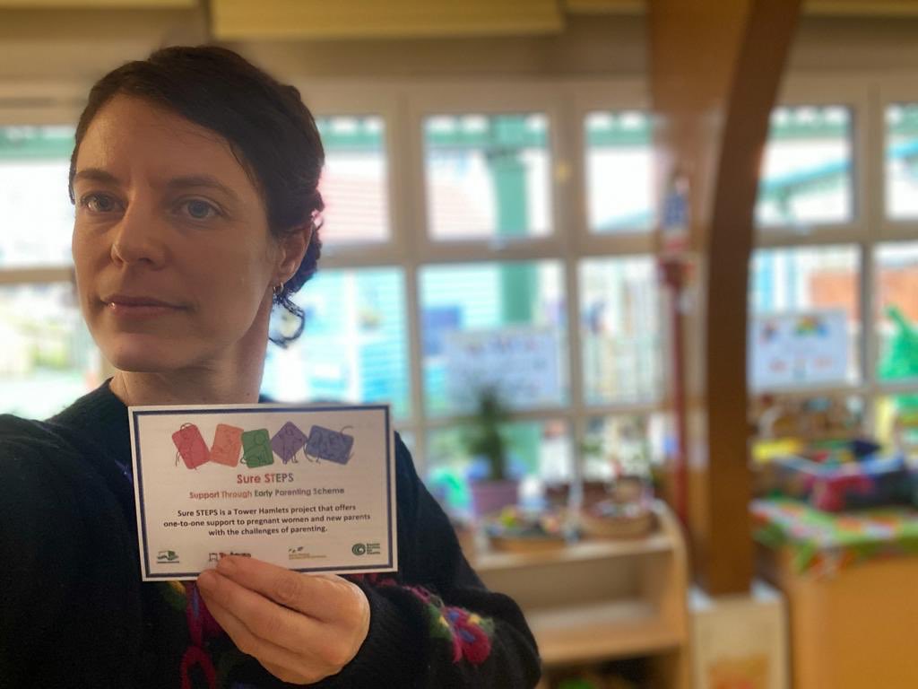 SAfH_Maternity's tweet photo. Today: Sure STEPS coffee morning at John smith children’s centre🌟 Project Manager Francisca pictured. @TowerHamletsNow @SAfHUk #suresteps https://t.co/9P0ZsH69f9