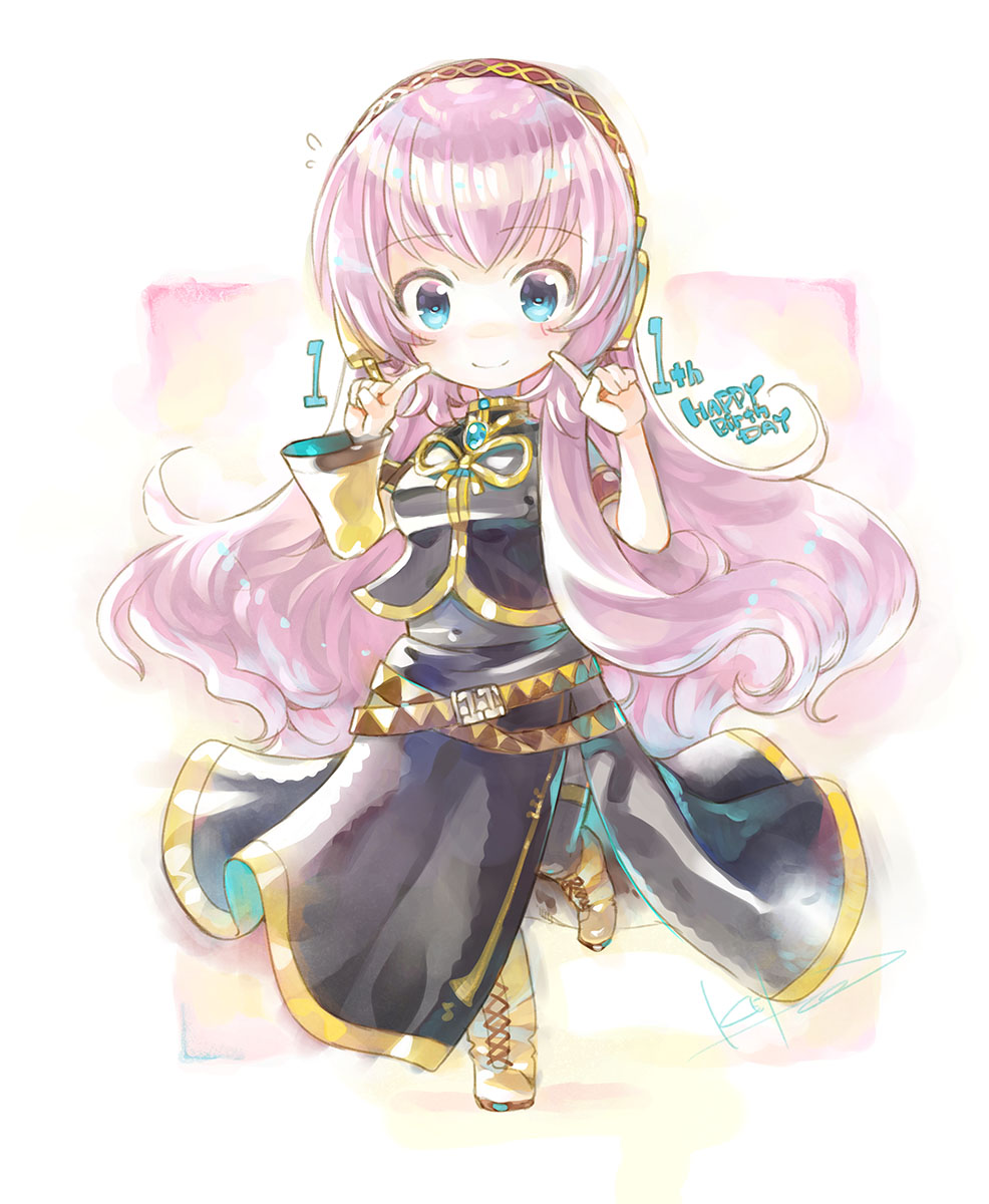 megurine luka 1girl long hair pink hair gold trim solo boots skirt  illustration images