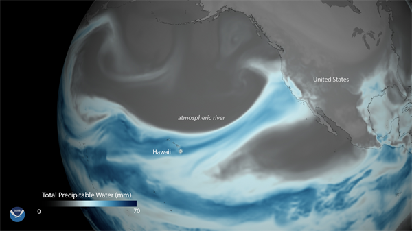 A satellite depiction of an atmospheric river off the West Coast of the U.S. is shown.