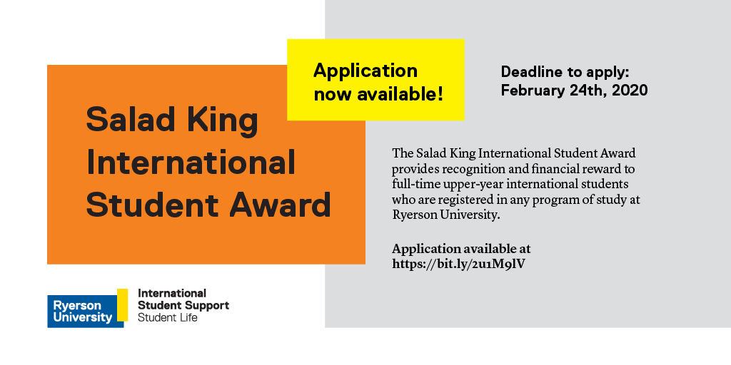 ISS_TMU's tweet photo. Have you built community btwn. RU,Canada,or abroad to enhance the exp. of students in a meaningful way? Apply for the @SaladKing Awards! https://t.co/8f5IpMY0Ll