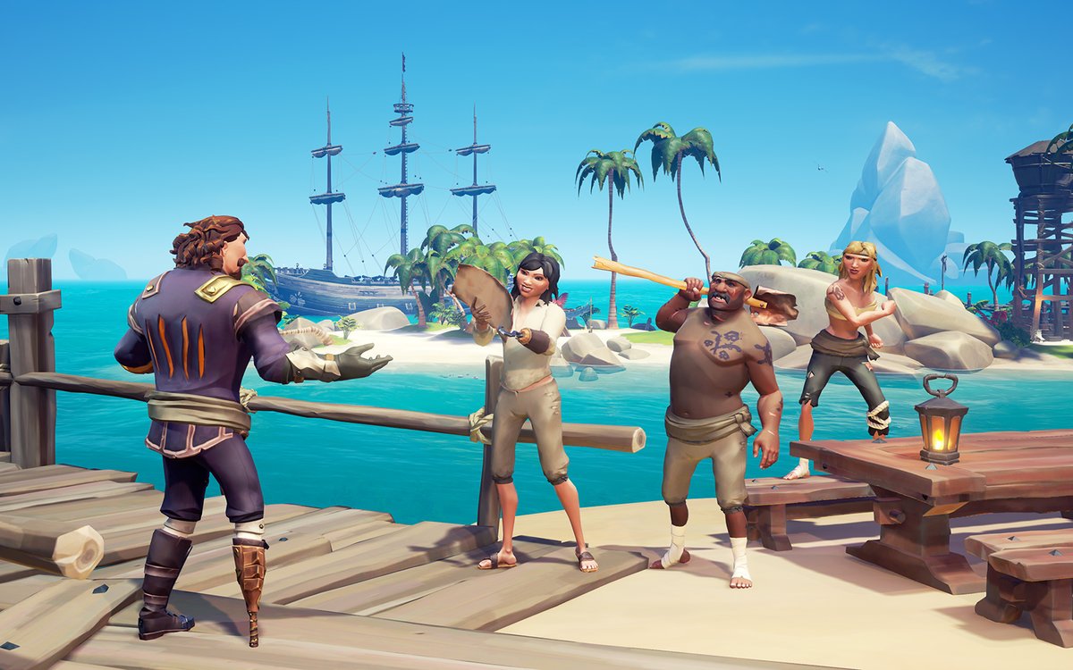 A crew of four pirates about to embark upon a Voyage in Sea of Thieves