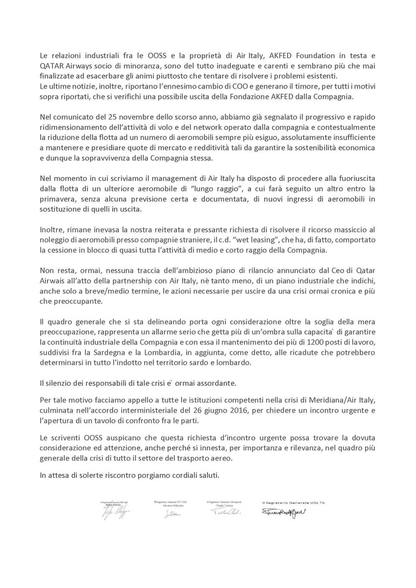 FiltCgil's tweet photo. #AirItaly preoccupante la situazione della compagnia aerea, a rischio futuro dei posti di lavoro. #FiltCgil #FitCisl #Uiltrasporti e #UglTA chiedono a #Governo e Regioni #Sardegna e #Lombardia avvio confronto in sede istituzionale su crisi compagnia @cgilnazionale @fcuscito https://t.co/z0faGpB6iR