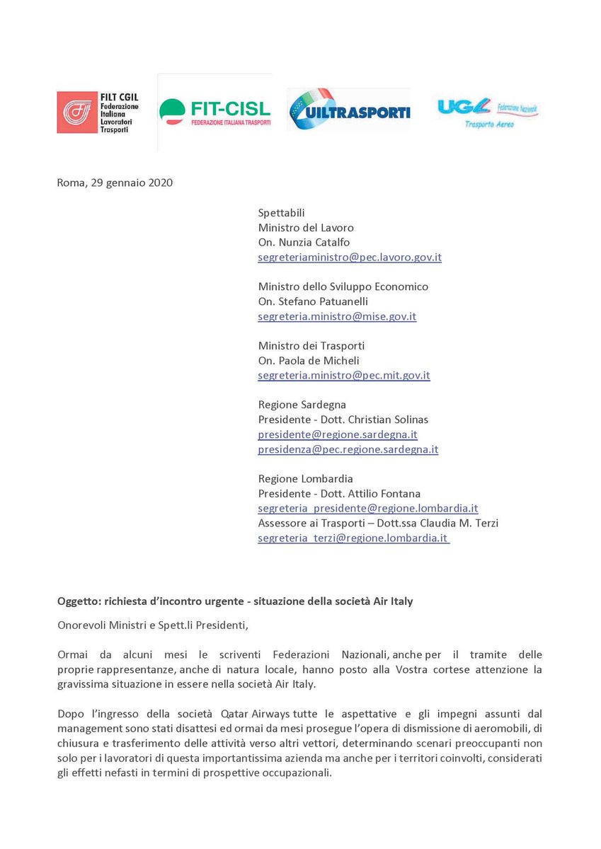 FiltCgil's tweet photo. #AirItaly preoccupante la situazione della compagnia aerea, a rischio futuro dei posti di lavoro. #FiltCgil #FitCisl #Uiltrasporti e #UglTA chiedono a #Governo e Regioni #Sardegna e #Lombardia avvio confronto in sede istituzionale su crisi compagnia @cgilnazionale @fcuscito https://t.co/z0faGpB6iR