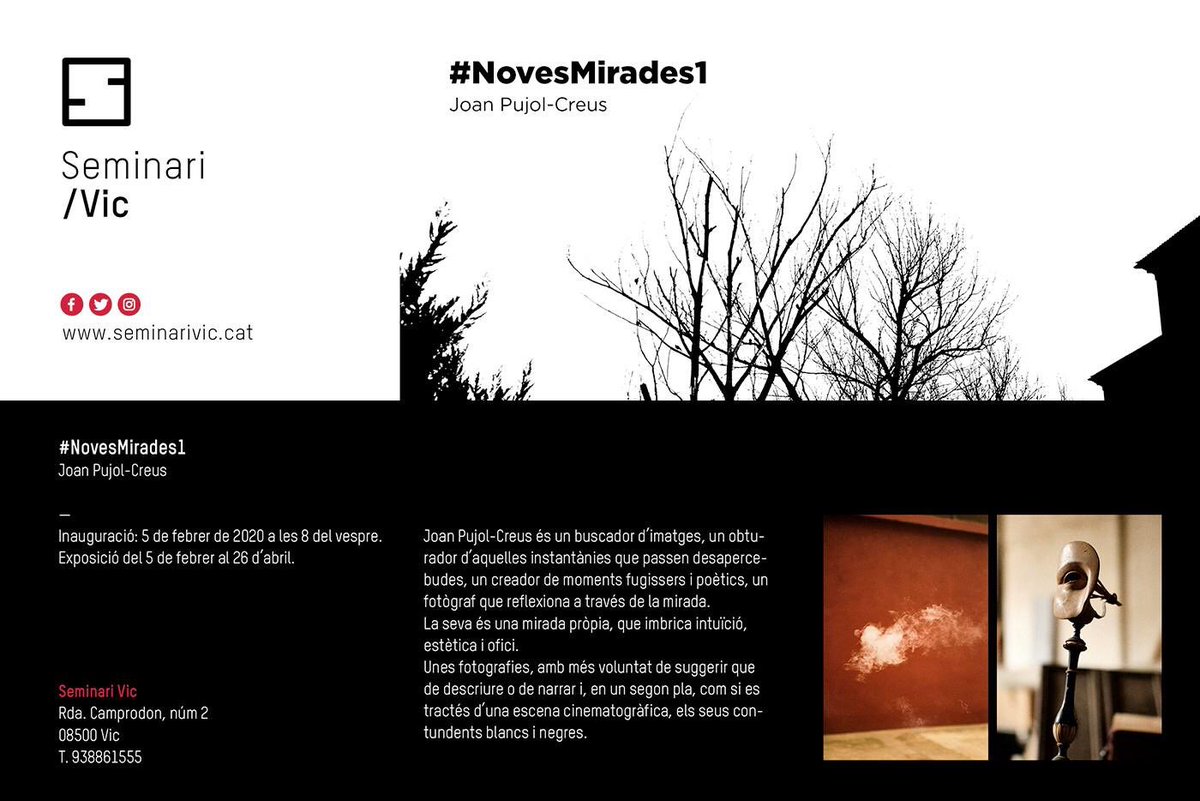 SeminariVic's tweet image. 📢 Inauguració exposició #NovesMirades1 de Joan Pujol-Creus.
🗓 5 de febrer de 2020
🕗 8 del vespre
📍SeminariVic
🅿️ Accés gratuït
#cultura #edificidelsaber #formació