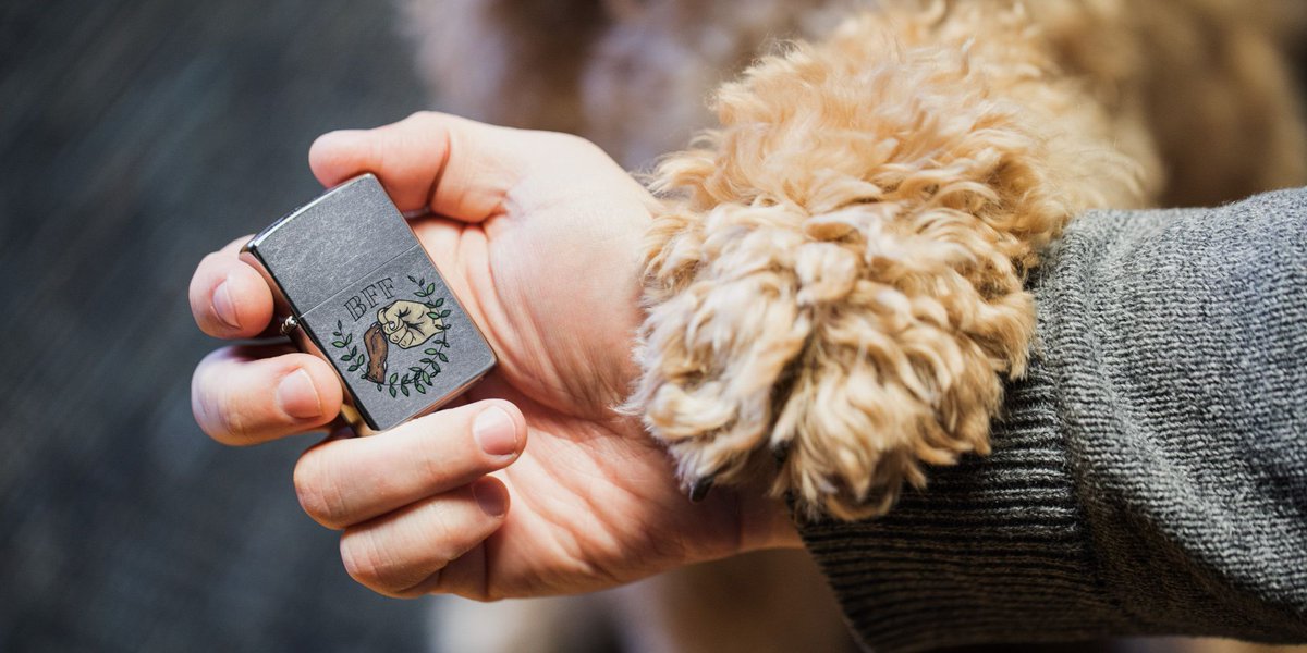 A person is holding a Zippo lighter with golden doodle paw placed on the persons arm.  