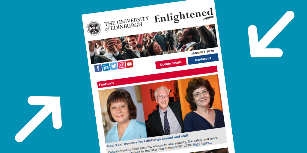 Enlightened alumni newsletter masthead and New Year Honours story