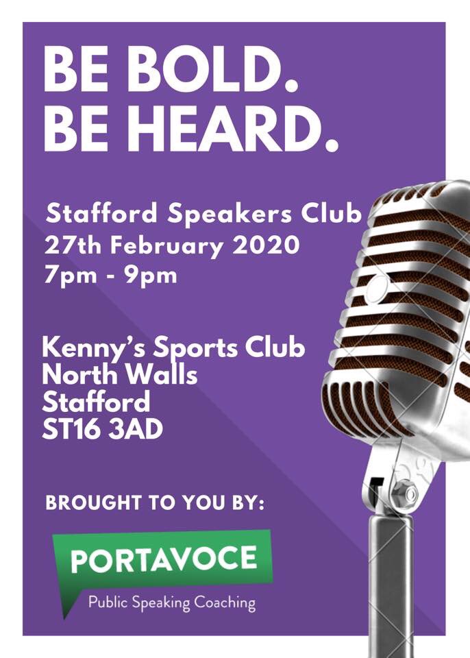 Stafford Speakers Club is going ahead! The first event is on Thursday 27th February at 7.00pm and we will be hosted by Kenny's Sports Club on North Walls in Stafford, ST16 3AD.

speakersclub.portavocecoach.com/book-your-tick… #StaffordHour