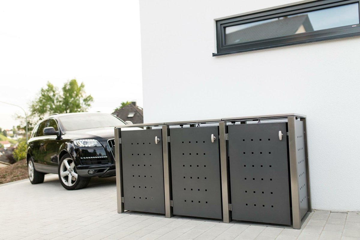 Zeitloses Design in bester Qualität, unsere Müllbox mit 4 Kantpfosten in Anthrazit Pulverbeschichtet indra-Shop.de