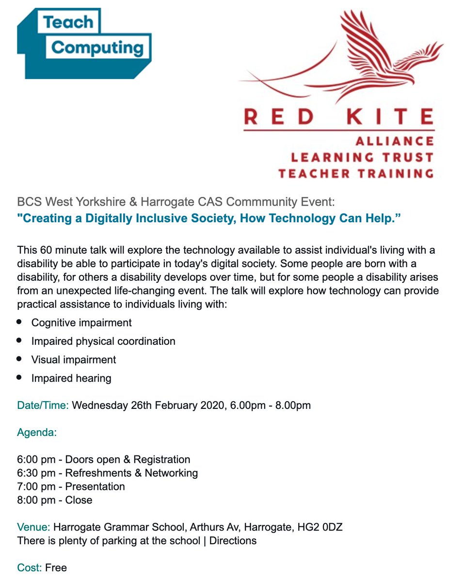 CompHubYorks's tweet photo. "Creating a Digitally Inclusive Society, How Technology Can Help.”

BCS West Yorkshire &amp; the Harrogate CAS Community are hosting a joint event at Harrogate Grammar School on Wednesday 26th February 2020, 6.00pm - 8.00pm. https://t.co/15CUebJuG6