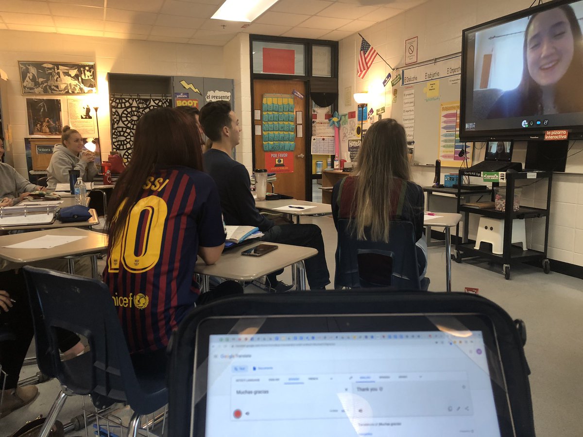 FayetteDLS's tweet photo. So many amazing opportunities @fcboe! Students @StarrsMillHS Mrs. Rodriguez’s class connecting with a student in Spain! Discussing current student opportunities, perspectives, history, and more. Way to make learning connected and relevant! #thanksGoogleTranslate https://t.co/AfDLmYyZoe
