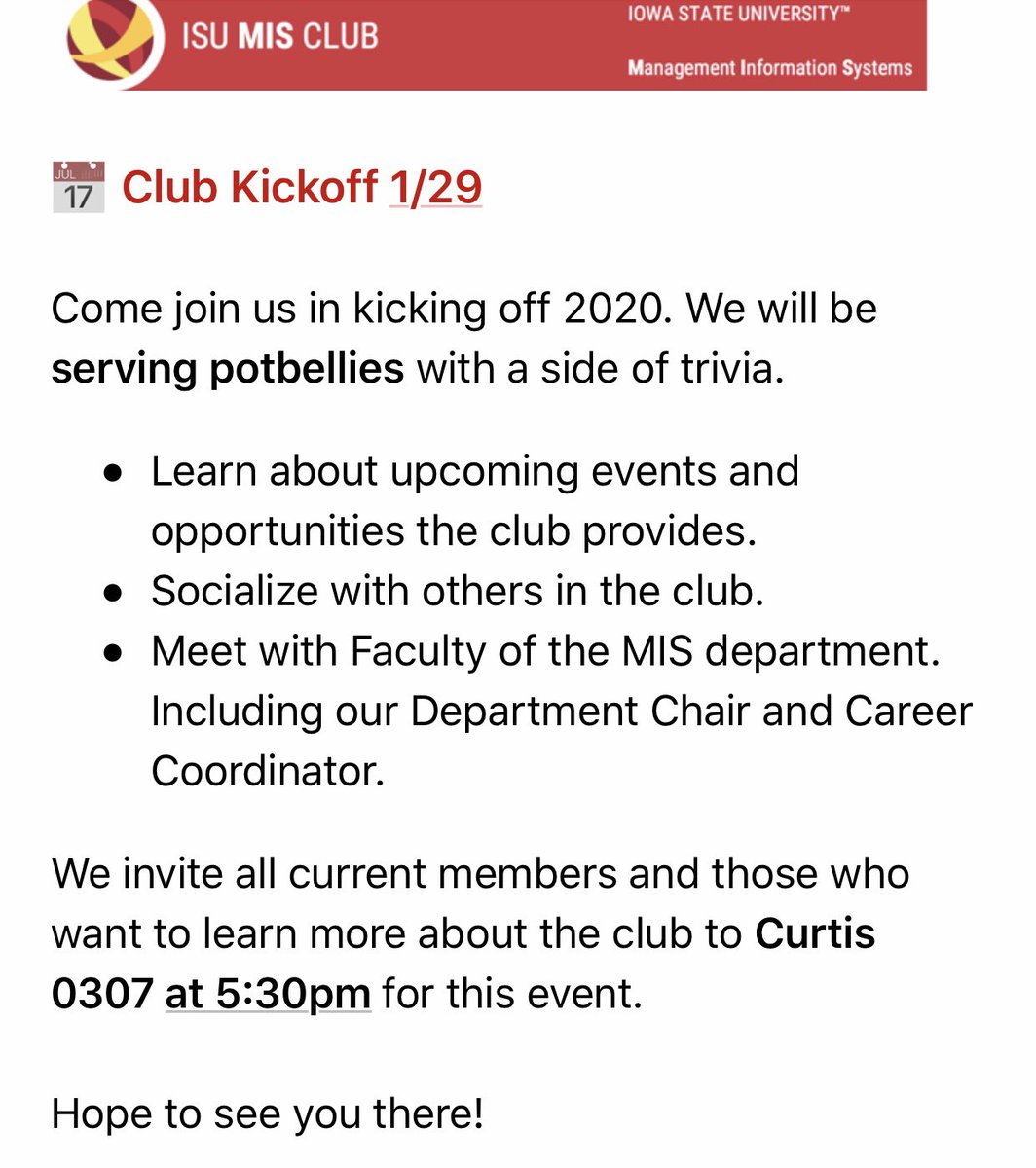 ISUMISClub's tweet photo. We hope to see you tonight for our club kickoff! https://t.co/GUnRCPXKOH