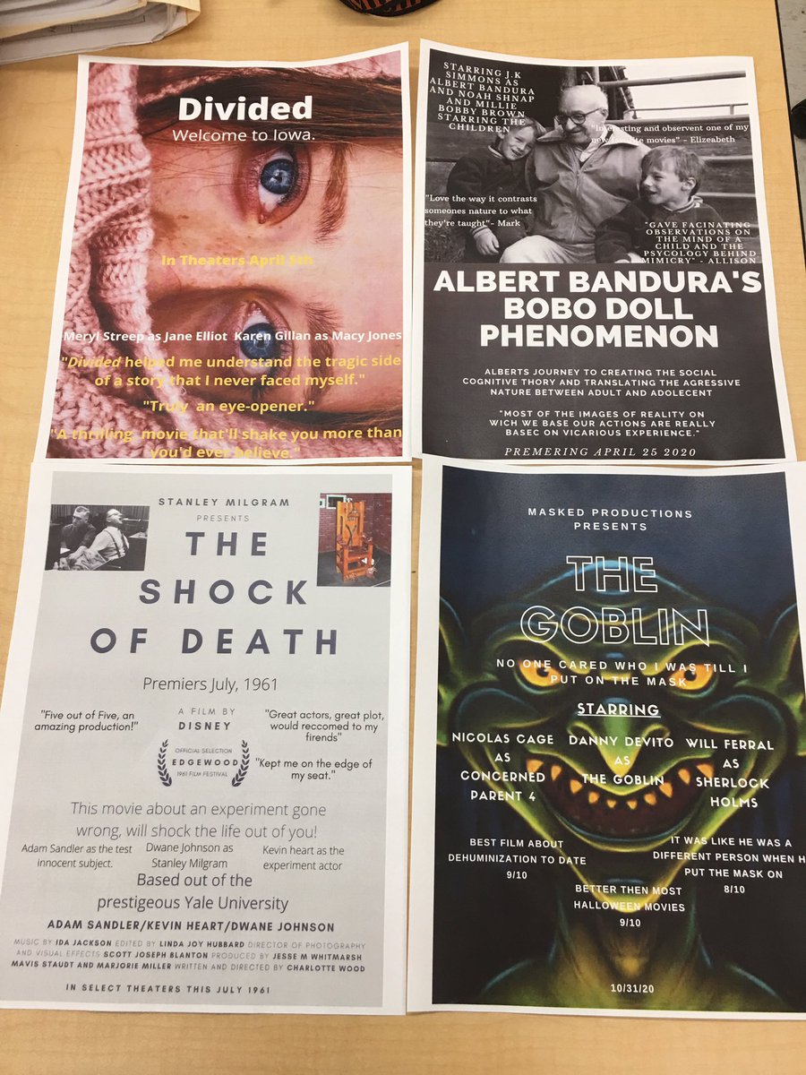 vkostas80's tweet photo. North Psych Ss wrapped up our unit on social psych by creating movie posters of the most famous(or infamous) experiments! Awesome work! @MTPSpride @MoralesMTPS @mrslip02 @DrGeorge_MTPS https://t.co/5T5Uyri7Jw