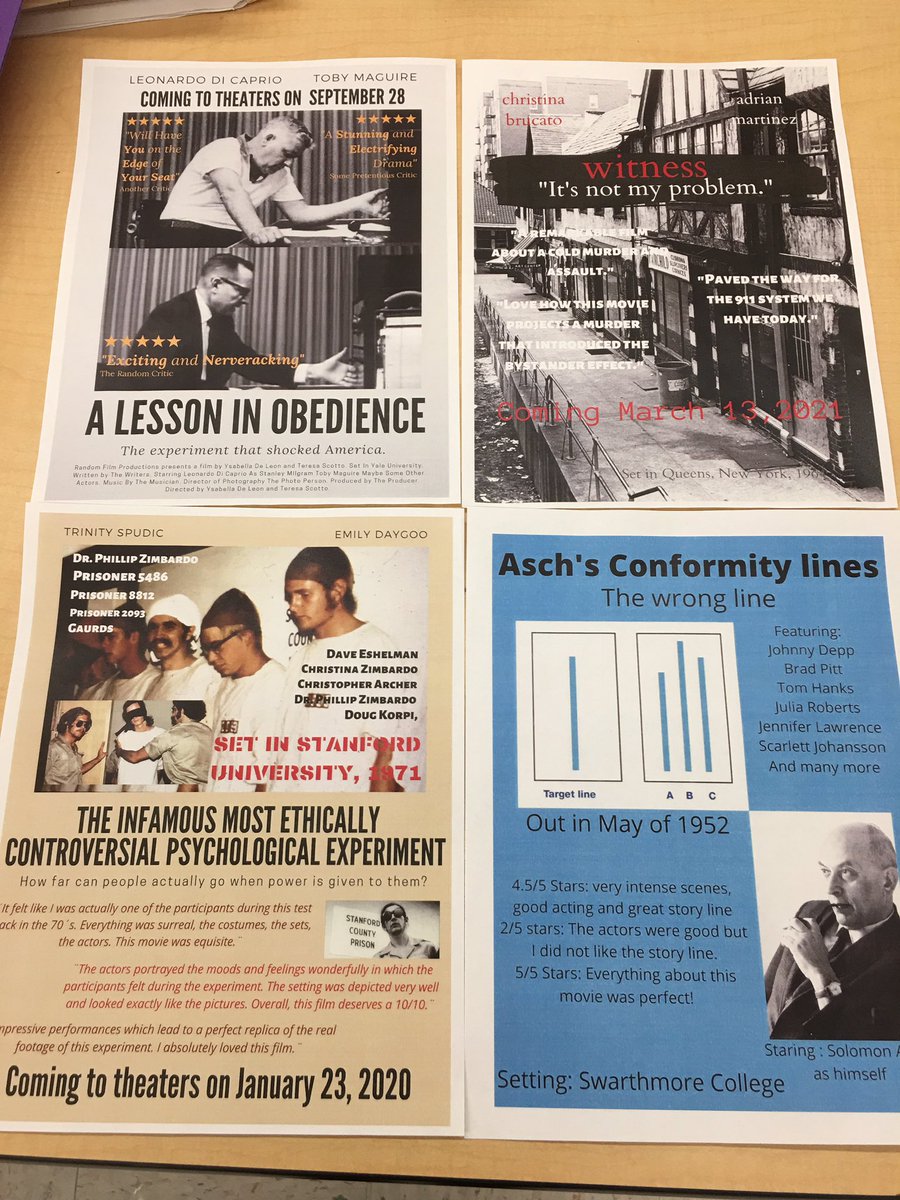 vkostas80's tweet photo. North Psych Ss wrapped up our unit on social psych by creating movie posters of the most famous(or infamous) experiments! Awesome work! @MTPSpride @MoralesMTPS @mrslip02 @DrGeorge_MTPS https://t.co/5T5Uyri7Jw