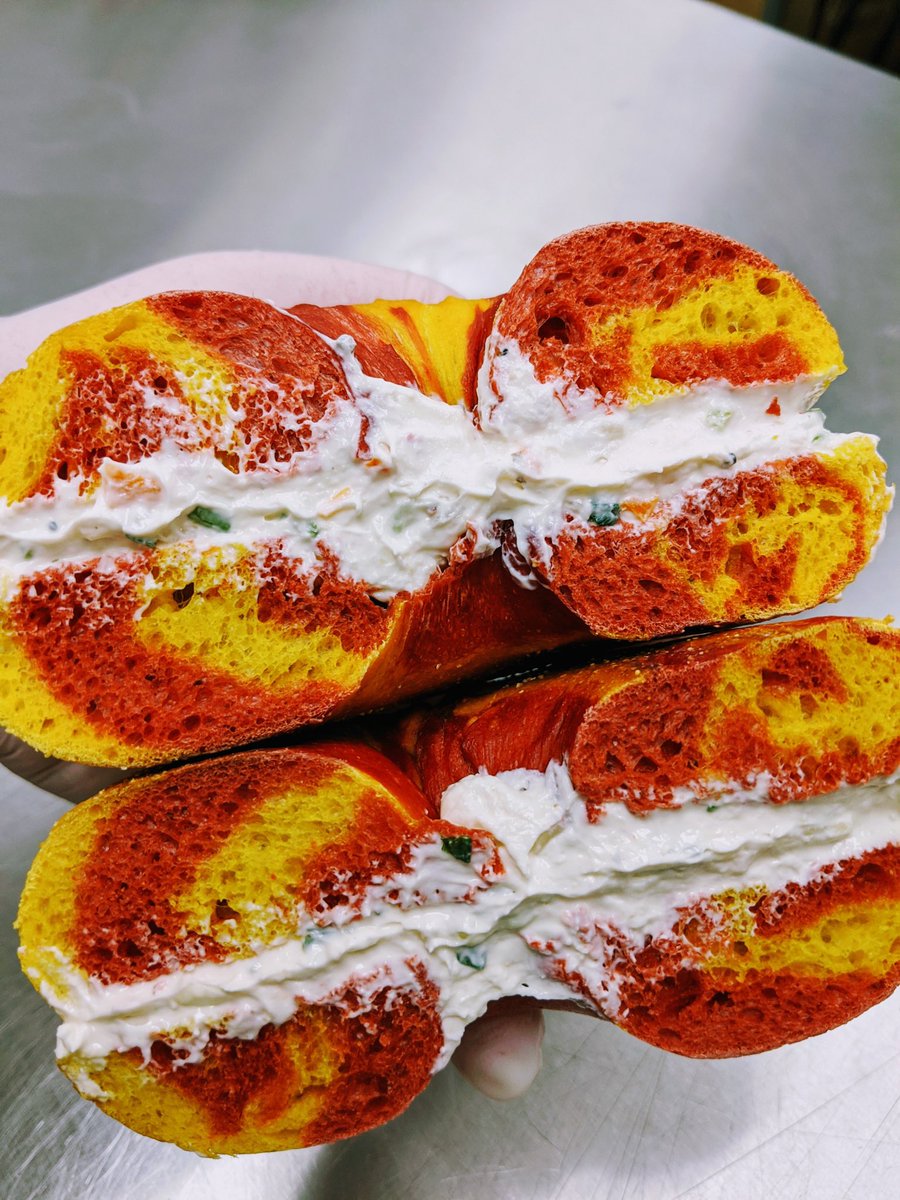 Celebrate KC with <a href="/MeshuggahBagels/">Meshuggah Bagels</a> red and gold bagels! Available this Friday, Saturday, and Sunday! ❤️😛 
.
.
.
Limit 6 per customer.