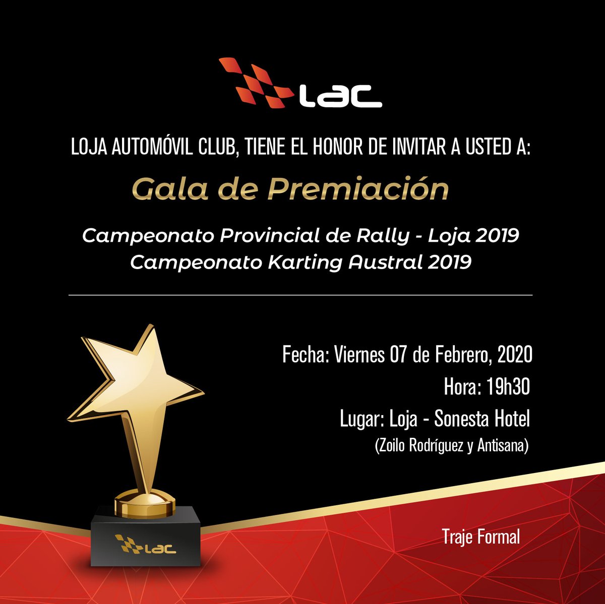El viernes 7 de febrero se realizará el reconocimiento a los pilotos de rally y karting en ciudad de Loja, 19:30 - Sonesta Hotel
