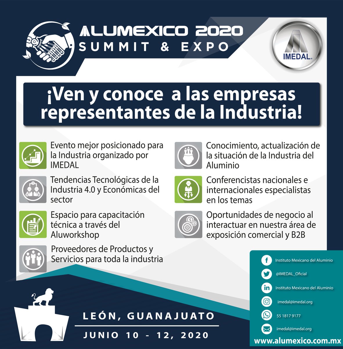 IMEDAL_Oficial's tweet photo. El Instituto Mexicano del Aluminio A.C.
se complace en anunciar la segunda edición del congreso más importante de la industria del Aluminio en México:
#ALUMEXICO Summit & Expo 2020
#IMEDAL https://t.co/U80PeG9q5f