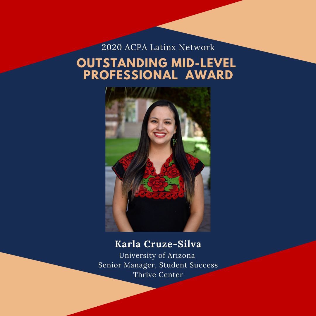 ACPALN's tweet photo. Felicidades @Karla_Silva19, our 2020 ACPA Latinx Outstanding Mid-Level Professional!
This award highlights a professional who has been actively involved with the LN & has enhanced the student culture & Latinx community via campus programs and/or initiatives. #LN20 #LatinxNetwork https://t.co/Zzw53FxaDA