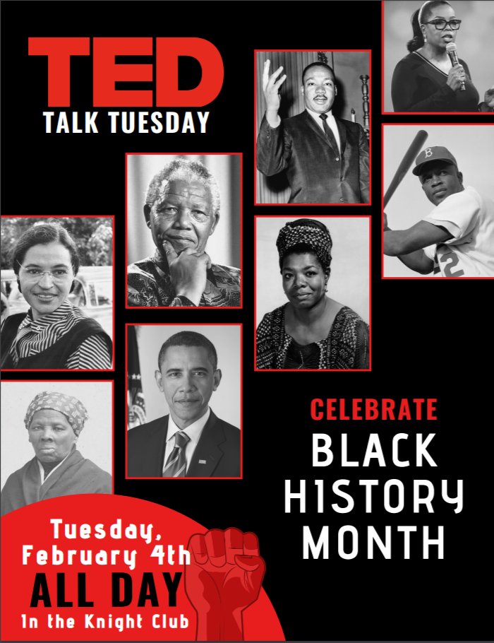 FDUStudentUnion's tweet photo. Celebrate Black History Month by listening to some of the best TEDTalks on Black History and how it impacts the world today.
Tuesday, Feb. 4th, 11AM-3PM in the Knight Club
#FDUMetro #FDUStudentUnion #FDUWhatsNew https://t.co/LzqDMK86sm