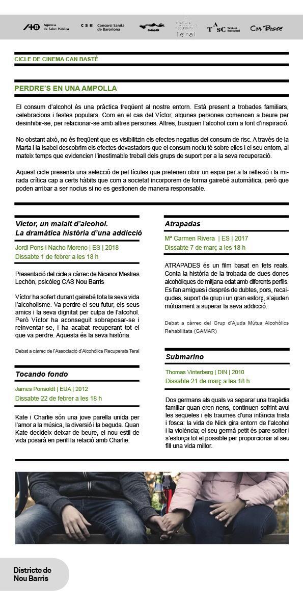 Crey36514324's tweet photo. El proper dissabte 1 de febrer comença el cicle de cinema "Perdre's en una ampolla" al Centre Civic de Can Basté.
Animeu-vos a anar - hi!!
@salutpublicabcn 
@igsubirats 
@pac_canpeguera https://t.co/V7gXX7HEUf