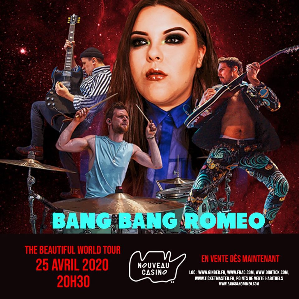 Après une tournée des stades avec la célèbre chanteuse <a href="/Pink/">P!nk</a>, le trio <a href="/BangBangRomeo/">𝙱𝙰𝙽𝙶 𝙱𝙰𝙽𝙶 𝚁𝙾𝙼𝙴𝙾</a>  sera de passage à #Paris le 25 avril 2020 au <a href="/nouveaucasino/">Nouveau Casino</a>, à l'occasion de leur tournée européenne. 🎸🌍

Foncez acheter vos places ici : bit.ly/2S2FtvX
#bangbangromeo #concert #rock