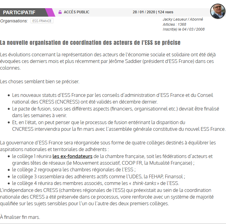 [#Ess - #Representation]
La nouvelle #organisation des acteurs de l'#Ess se précise via <a href="/MiroirSocial/">Rodolphe Helderlé</a>
➡️miroirsocial.com/participatif/l…

👏Fusion <a href="/ESS_France/">ESS France</a> @CNCRES 
👏c1 <a href="/mutualite_fr/">Mutualité Française</a> <a href="/CoopFR/">CoopFR</a> <a href="/lemouvementasso/">Le Mouvement associatif</a>...
👏c2 #CRESS
👏c3 @UDESnationale <a href="/FEHAP_actu/">FEHAP</a> <a href="/Label_Finansol/">FAIR - Label Finansol</a>
👏c4 associés