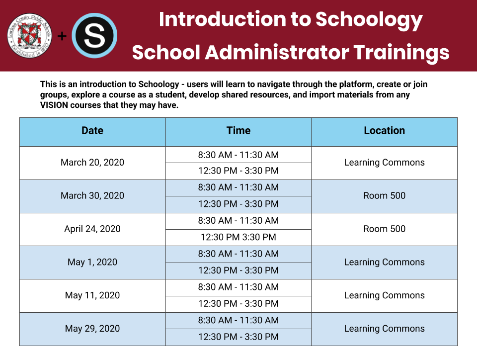 LCPSEdTech (@lcpsedtech) on Twitter photo If you are an #lcps20 School-Based Administrator and would like to attend an Introduction to Schoology PD Session, please review the schedule & sign up in MLP -we can't wait to see you there! <a href="/LCPSOfficial/">LCPS News</a> #leadloudoun @tmhowle <a href="/MikeHenrickson/">Mike Henrickson</a> <a href="/NickGrzeda/">Nick Grzeda</a> <a href="/onyxviper/">Joshua Thom</a> <a href="/MsPrebeck/">Hannah Prebeck (she/her)</a> If you are an #lcps20 School-Based Administrator and would like to attend an Introduction to Schoology PD Session, please review the schedule & sign up in MLP -we can't wait to see you there! <a href="/LCPSOfficial/">LCPS News</a> #leadloudoun @tmhowle <a href="/MikeHenrickson/">Mike Henrickson</a> <a href="/NickGrzeda/">Nick Grzeda</a> <a href="/onyxviper/">Joshua Thom</a> <a href="/MsPrebeck/">Hannah Prebeck (she/her)</a>
