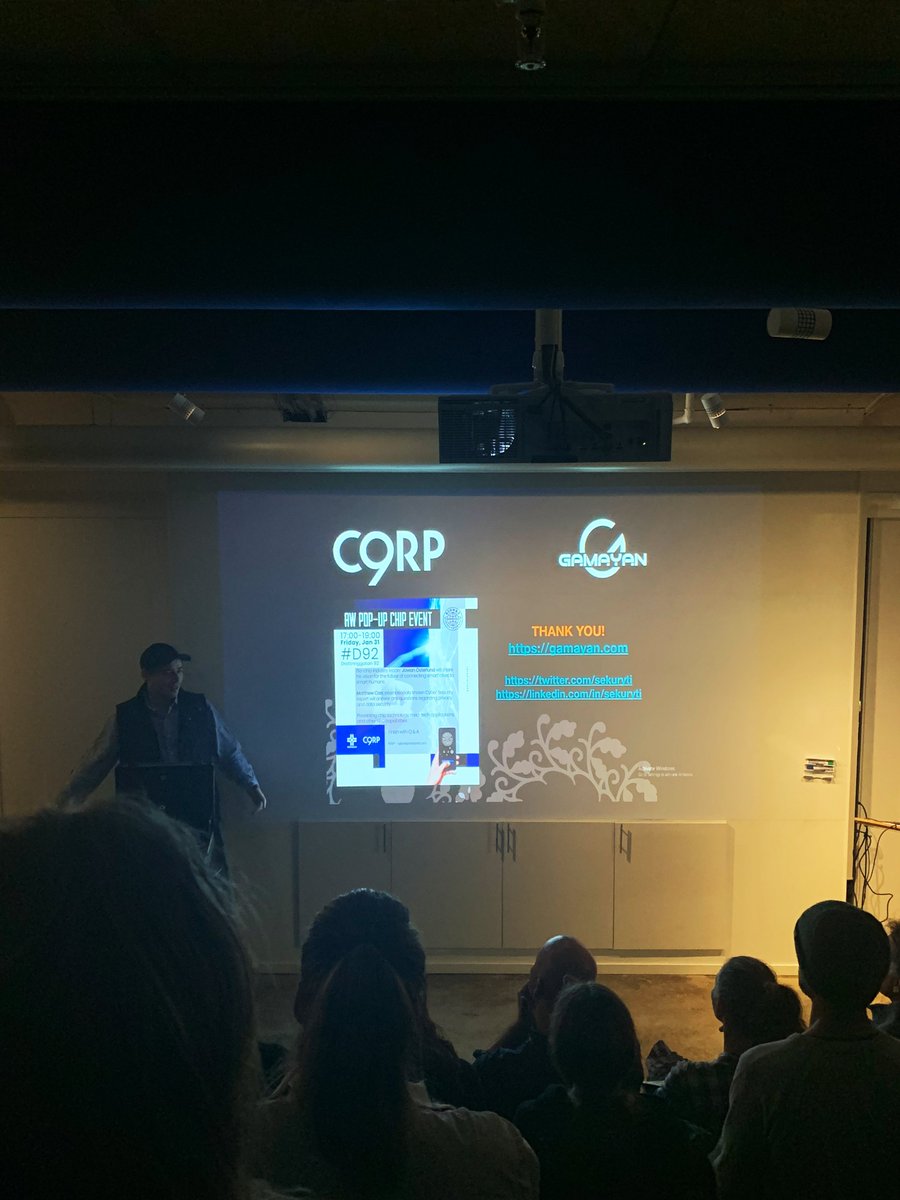 OresundTech's tweet photo. What a great evening @mindpark with @aleshkov presenting #pechakucha style. What a fun way to keep it interesting! Here we have @Corp9Official presenting some of their cyber-physical security solutions like @GamayanOfficial  #CyberSecurity #CyberPhysical https://t.co/SFzw0odBu9