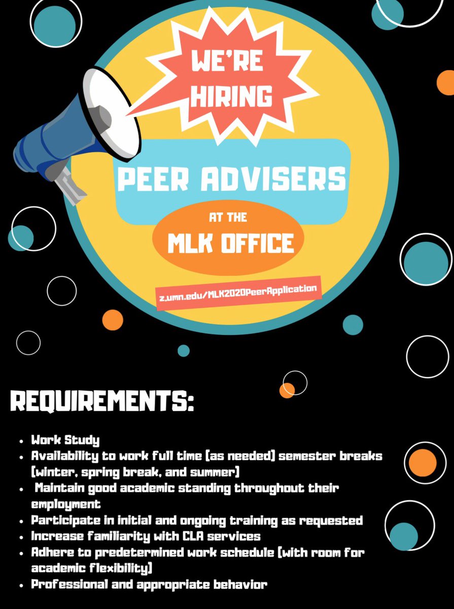 MLKProgram's tweet image. ❗️Attention MLK Scholars❗️

We have two job openings as Peer Advisors in the Rev. Dr. Martin Luther King Jr. Program. We will be accepting Applications through February 21st, and you can expect to start working in early-mid March. The link to apply is : z.umn.edu/MLK2020PeerApp…