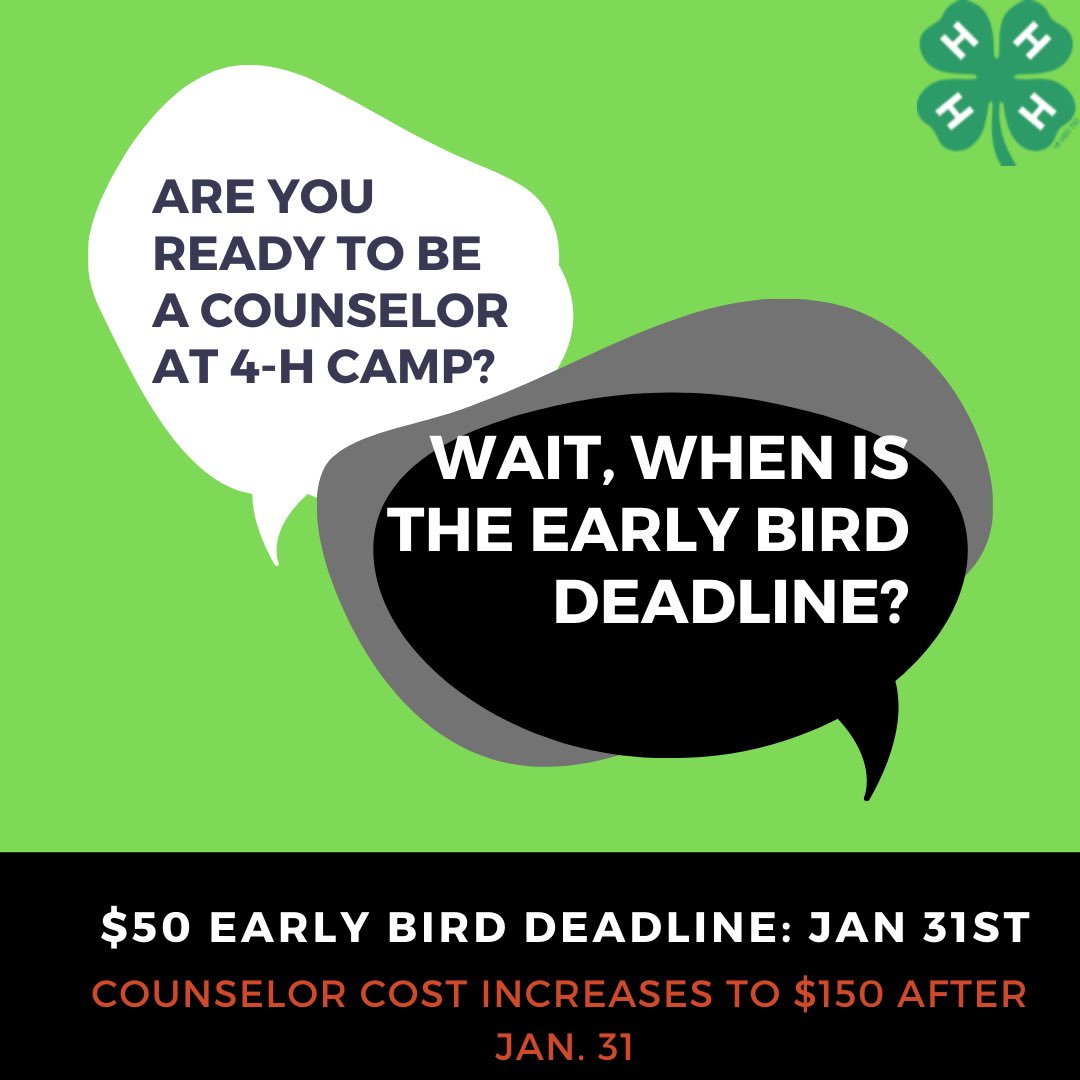 fairfax4h's tweet photo. Don’t miss the $50 Camp Counselor Early Bird Special! The application can be found at, https://t.co/M3Me7mWGy6. #FAA4HCamp https://t.co/3955irpHqY