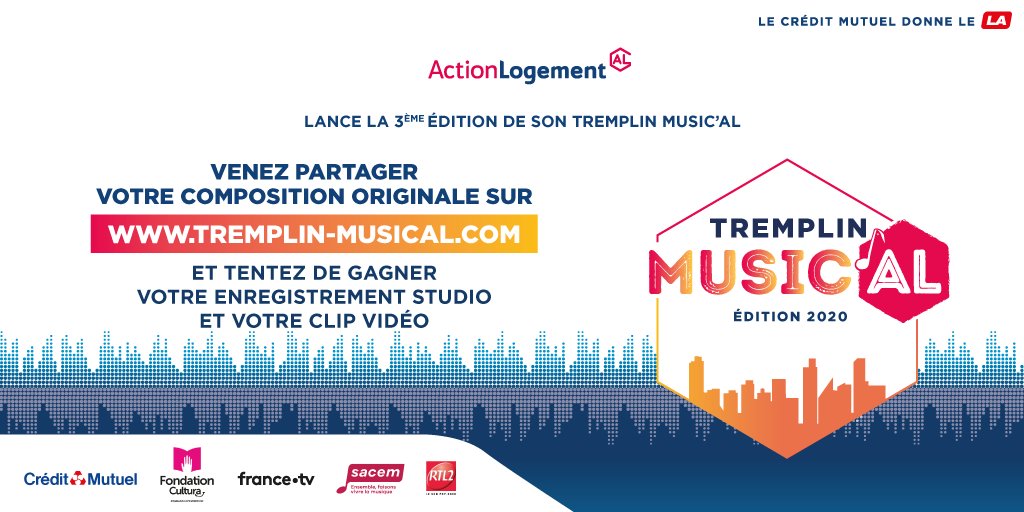 [Tremplin Music'AL]
🎤Tu as un don pour la #musique ? 
Partage ta #composition musicale et tente de gagner avec <a href="/ActionLogement/">Action Logement</a> ton enregistrement en #studio et ton #clip vidéo ! 

🔜Pour s'inscrire : du 11 Février 2020 au 12 mars 2020 sur bit.ly/2tZf6Pn