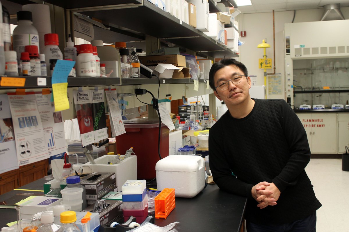 Professor Hyunjoon Kong posts in his lab at the University of Illinois at Urbana-Champaign.