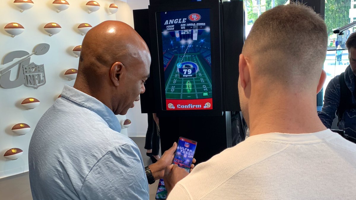 Got the <a href="/NFL/">NFL</a>’s own <a href="/CMC_22/">Christian McCaffrey</a> playing NFL Ultra Toss from <a href="/JunctureMedia/">Juncture Media</a> at #SuperBowl Week!