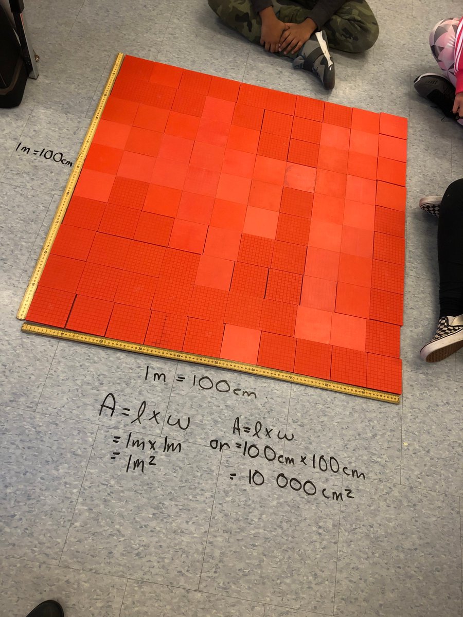 CareDawn83's tweet photo. Concrete representations are a fabulous way to help students understand tricky concepts. Gr. 6 Ss @Westney_Heights learned how to convert square m to square cm by creating squares. #mathishandson @DDSBKto8 #ddsbsuccess @NSooperkool https://t.co/99RMmzjmci
