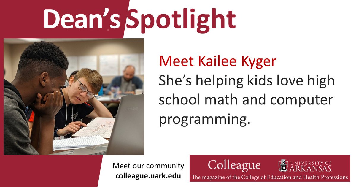 uarkcoehp's tweet photo. ✨DEAN'S SPOTLIGHT!✨Kailee Kyger, a #uark @UA_Teach grad, is passionate about math &amp; computer programming. She's currently helping spearhead Arkansas' first high school math conference and competition. Meet Kailee: https://t.co/WTGWVjKfoq @farmcards @IllinoisStateU @RITtigers https://t.co/nvKRcpBySb