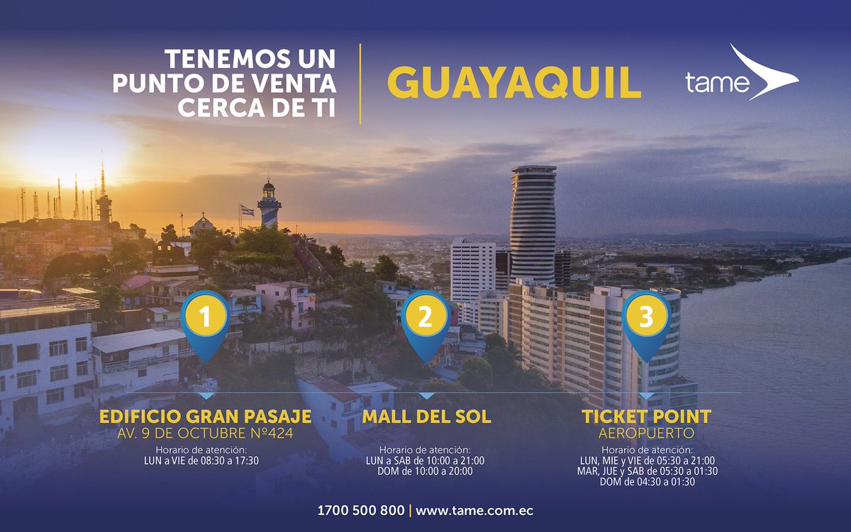 Tame_EP's tweet photo. #FelizMiércoles • ¡Estamos más cerca de ti! • Conoce nuestros puntos de ventas en #Guayaquil y #VuelaConTame🛫 • #TameTips https://t.co/IrVbc5bOQn