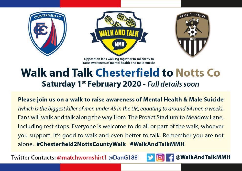 WalkAndTalkMMH's tweet photo. 3 upcoming walks @ChesterfieldFC to @Official_NCFC @wellingunited to @DulwichHamletFC &amp; @LiviFCOfficial to @RangersFC all in aid of men’s mental health. #MentalHealthAwareness #WednesdayWisdom If you would like to sponsor us, here is the link https://t.co/VIfPlI0UIS ALL WELCOME https://t.co/N5ayOCmuos