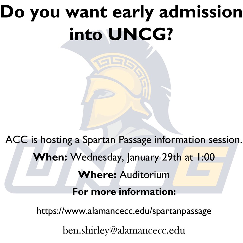 AlamanceCC's tweet image. TODAY at 1pm: ACC is holding a #SpartanPassage information session.  Spartan Passage is an ACC+ @UNCG partnership which grants students early admission to UNCG!  Join us at 1pm in the Patterson Auditorium to learn more. #uncg #EarlyAdmission