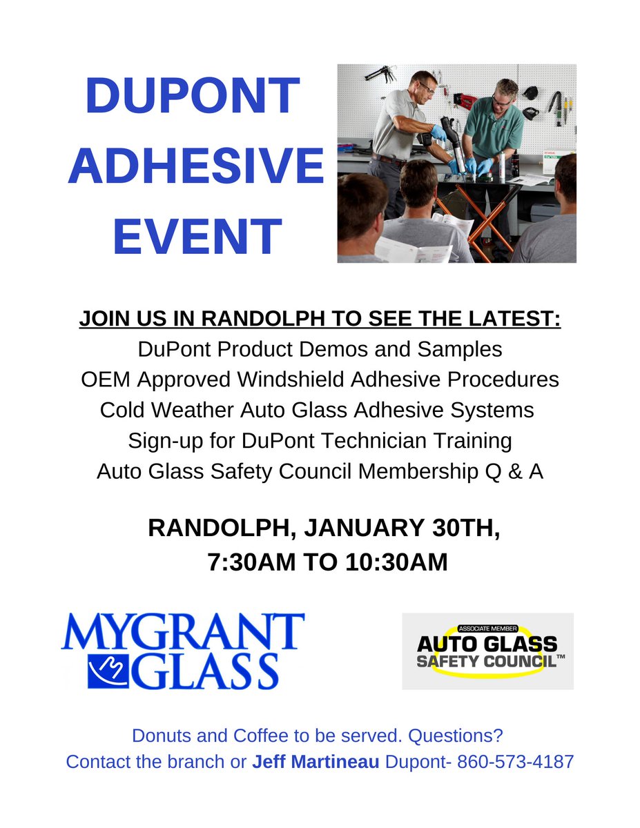 AGlassInsider's tweet photo. South Shore Boston Technicians:  

Pick up your parts tomorrow morning, grab some Dunkin, and see the latest adhesive technology.   Who knows who you will see at Mygrant Glass Randolph! https://t.co/7d5Qp2o9Zz