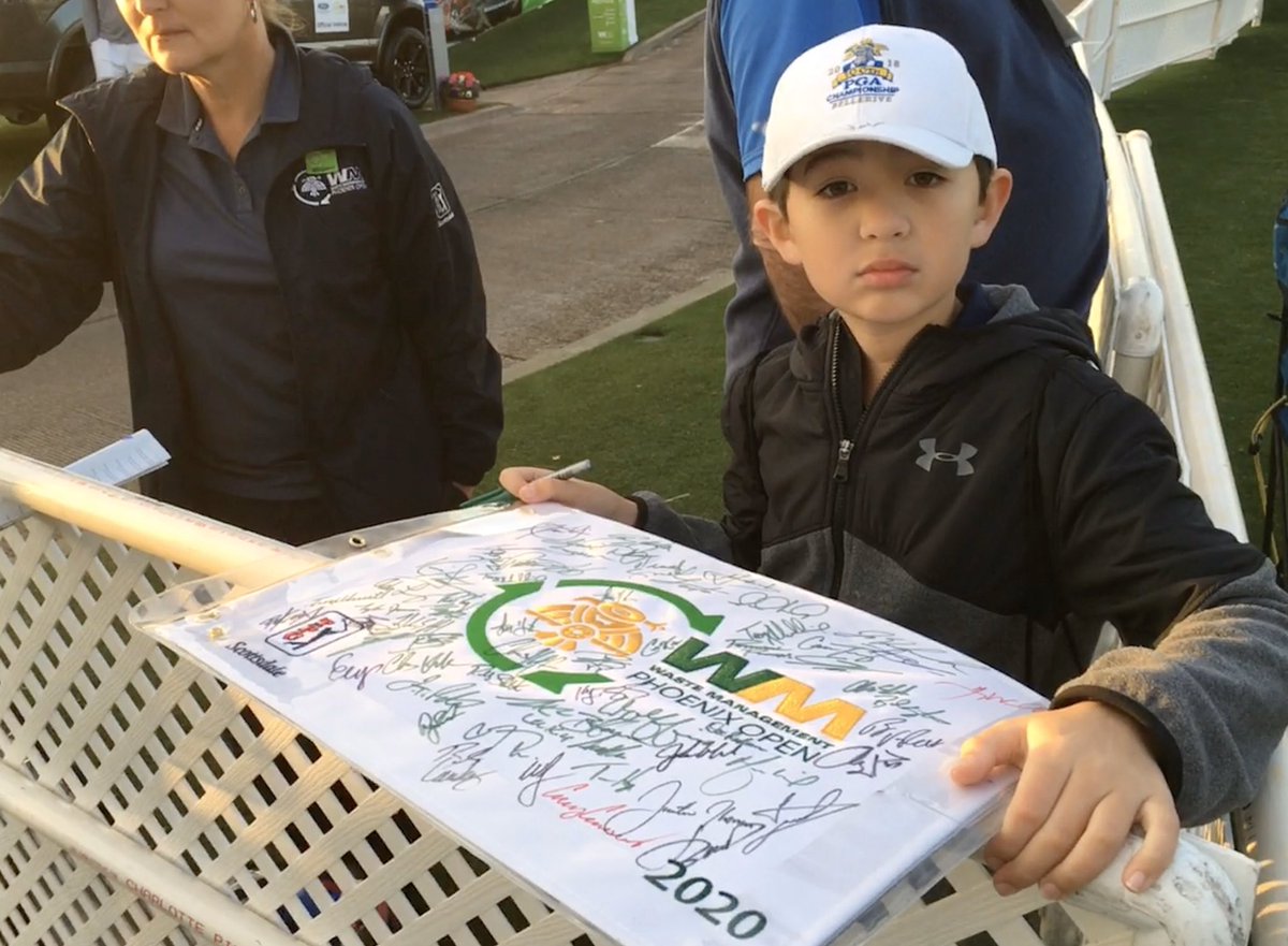 mrobisonfox10's tweet photo. 10 year old Joshua, from Wichita, KS, is working hard to get autographs at the driving range at the @WMPhoenixOpen head of today’s ProAm tournament. He’s a golfer himself and would love to get @Rickie Fowler’s autograph. @FOX10Phoenix #WMPhoenixOpen2020 https://t.co/OFVS1p8tJT
