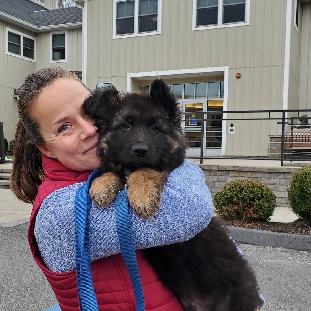 Puppy raiser Melissa holds Bing, a black and tan German shepherd puppy while outside of the Guiding Eyes Canine Development Center in Patterson, NY.