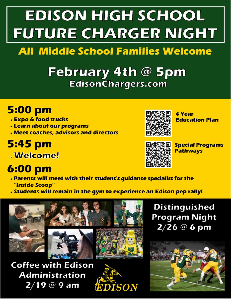 Next Tuesday is Future Charger night. Come out and tour our beautiful campus and see all the programs, Clubs, and Sports we offer. @DailyPilotSport @EdisonSportsNet