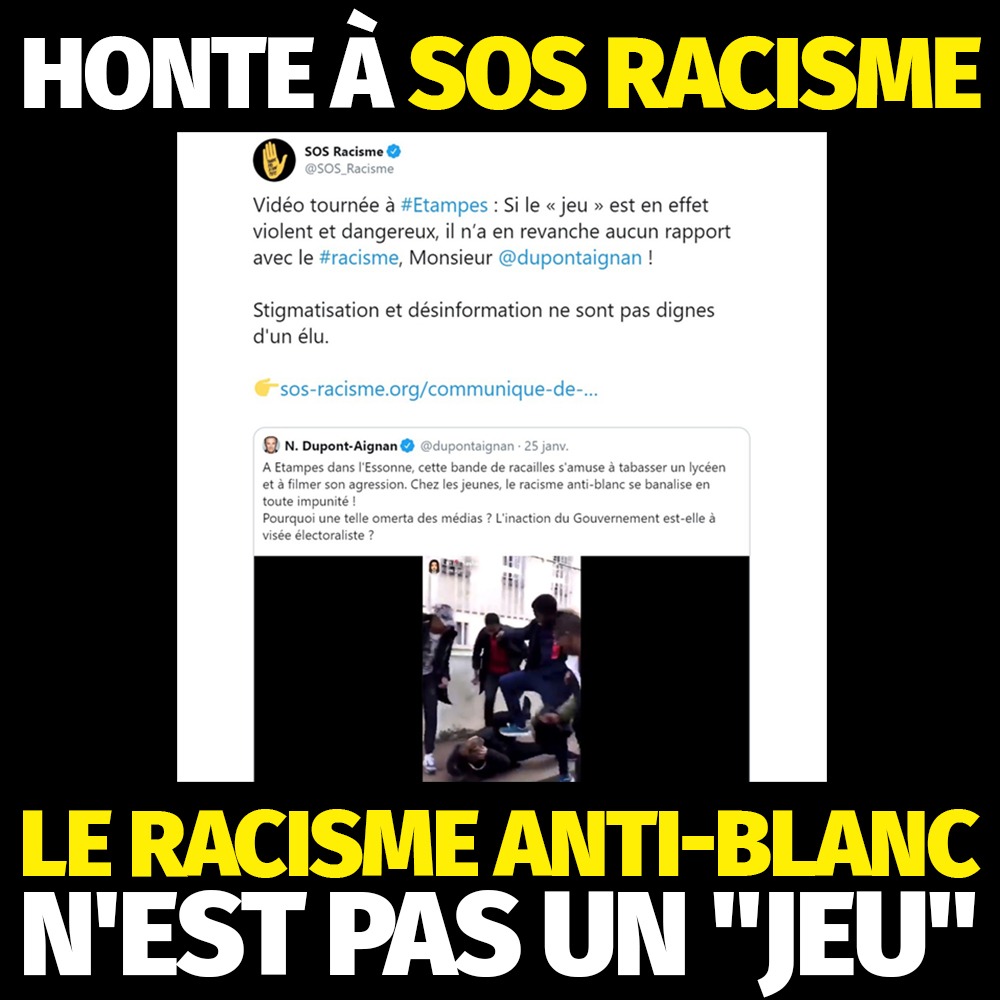dupontaignan's tweet photo. Pour @SOS_Racisme, le racisme anti-blanc est un "jeu" ! 

Quand mettrons-nous fin aux centaines de milliers d'euros de subventions publiques qui alimentent cette association militante ? Elle refuse de lutter contre toutes les formes de racisme et banalise le racisme anti-blanc ! https://t.co/SIzXa5IpgW