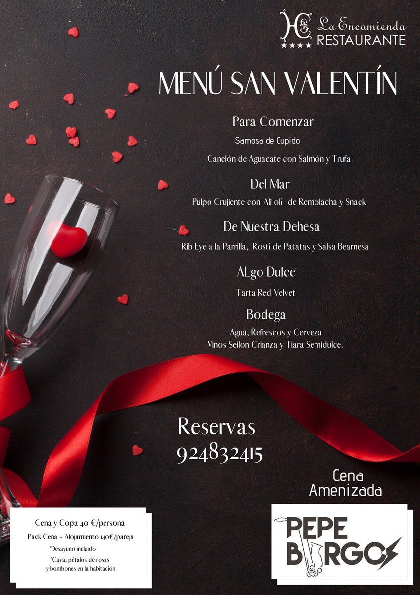 HotelCSC's tweet photo. ❤️El día más romántico del año se acerca y tú todavía no tienes planeado cómo sorprender a tu pareja❤️

🌹No te preocupes, que nosotros te lo damos todo hecho.
Cena ,copa, y música con Pepe Burgos  40€/persona .
Pack cena más alojamiento con desayuno, detalles en la habitación. https://t.co/0qC4qrRAiX
