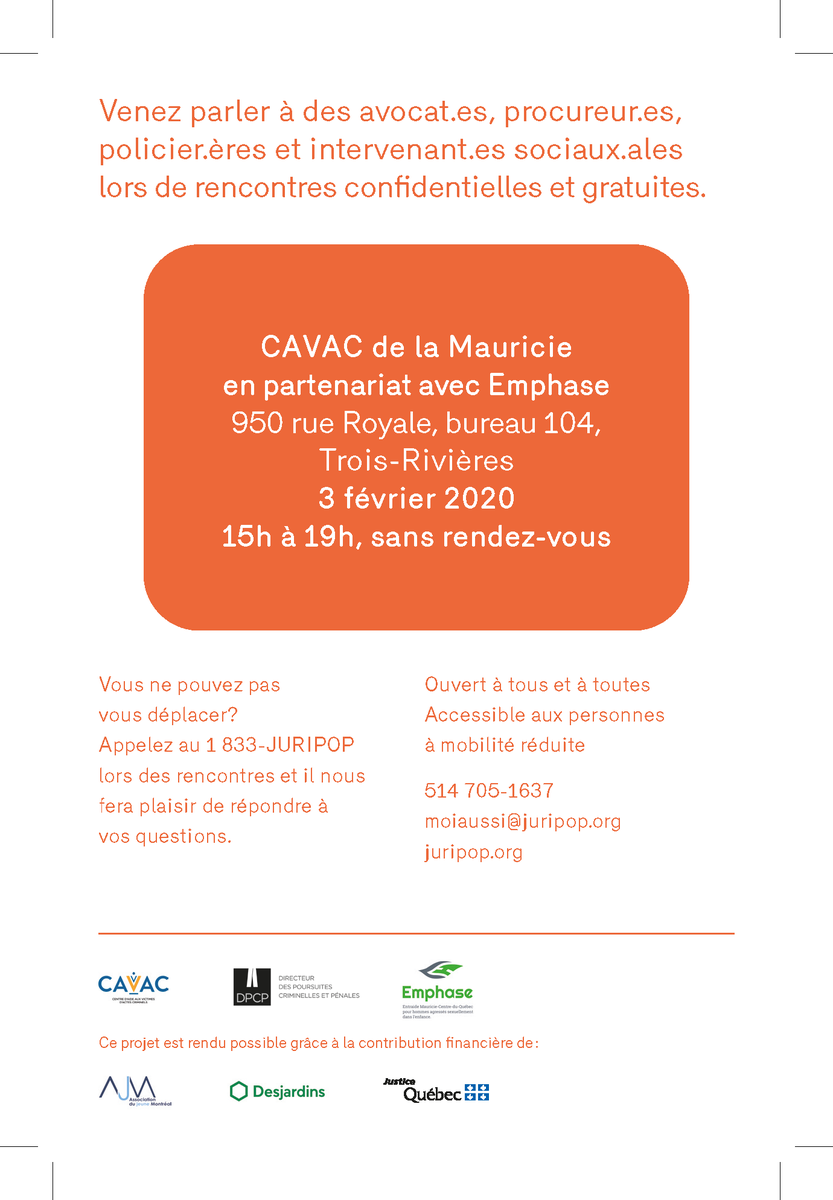 ReseaudesCAVAC's tweet photo. La Caravane #MoiAussi sera en Mauricie et au Centre-du-Québec la semaine prochaine!
1er stop: Trois-Rivières, en Mauricie, lundi 3 février 👇
#LacollaborationquifaitLAdifférence
#Juripop
#CAVACdelaMauricie
#DPCP
#Emphase
#RéseaudesCAVAC https://t.co/VdDgQZ7E2f